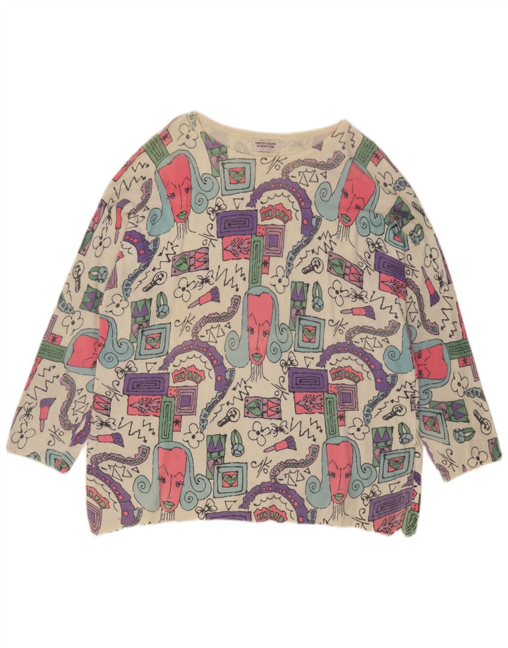 Benetton Top gráfico feminino oversized manga comprida UK 14 Médio Off White