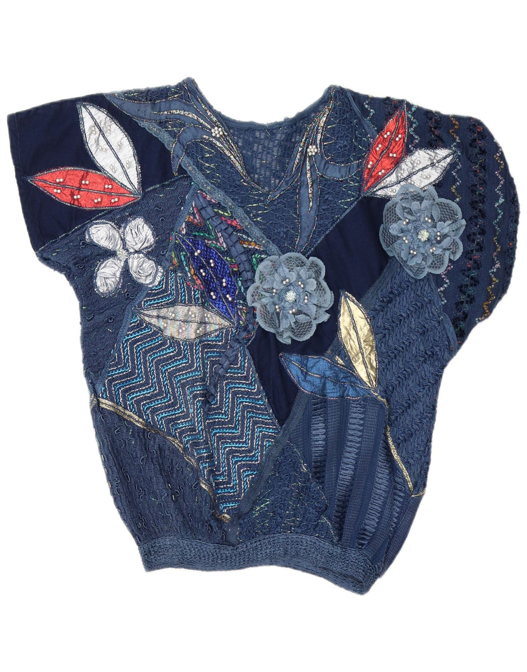 Blusa feminina vintage UK 16 grande patchwork azul marinho