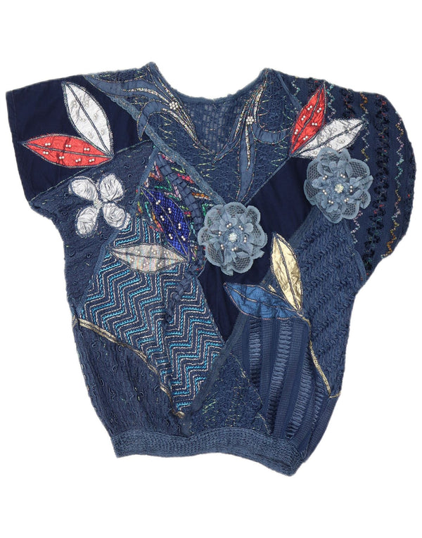 Blusa feminina vintage UK 16 grande patchwork azul marinho
