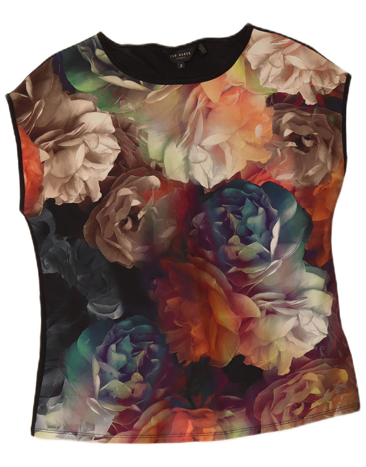 Blusa feminina grande sem mangas TED BAKER tamanho 2 pequeno preto floral
