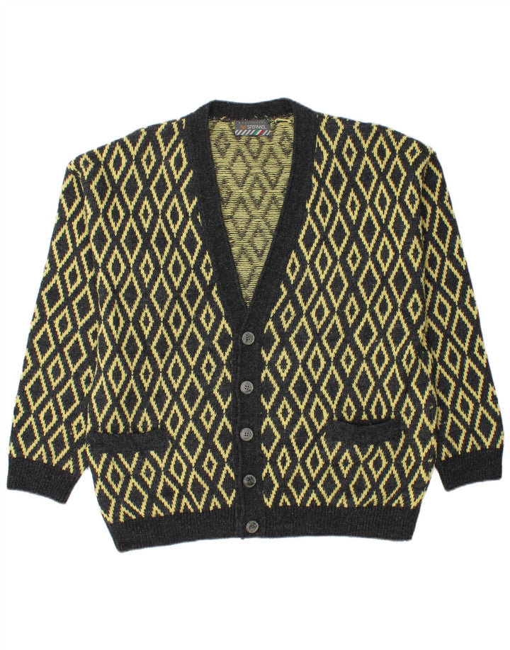 Suéter cardigã masculino Stefanel grande amarelo Argyle/lã diamante