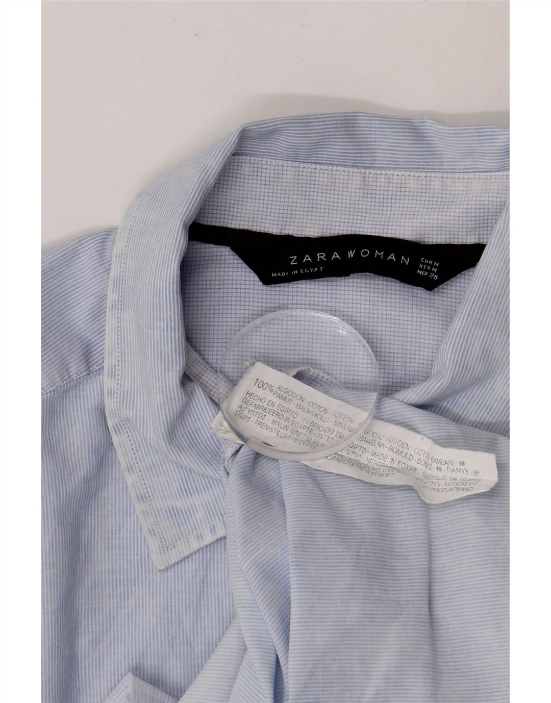 Camisa feminina ZARA UK 14 algodão listrado azul médio