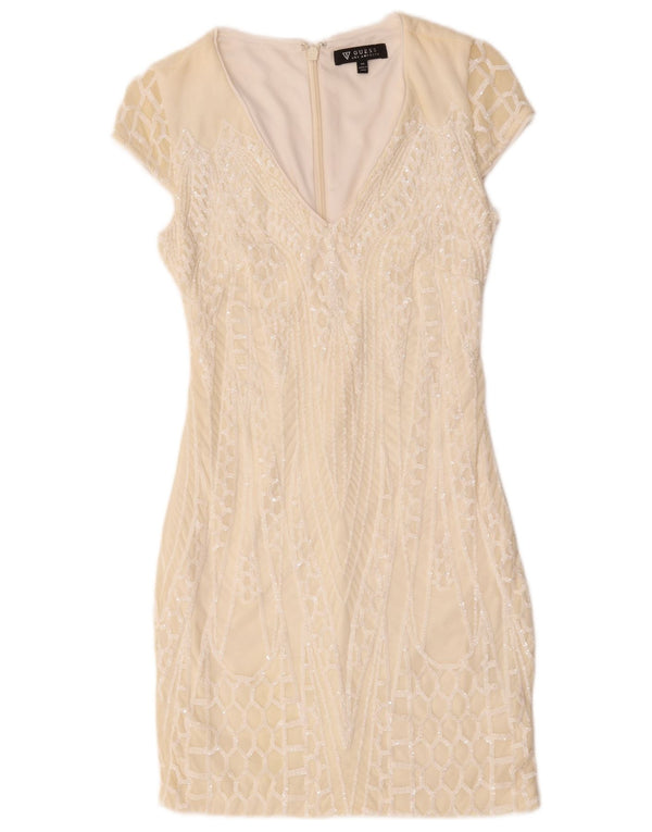 Guess Vestido feminino com bainha de lantejoulas UK 6 XS Off White Nylon