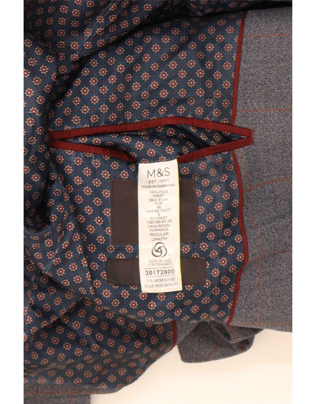 Jaqueta Blazer Masculina Marks & Spencer Slim Fit 2 Botões Reino Unido 36 Pequena Xadrez Azul