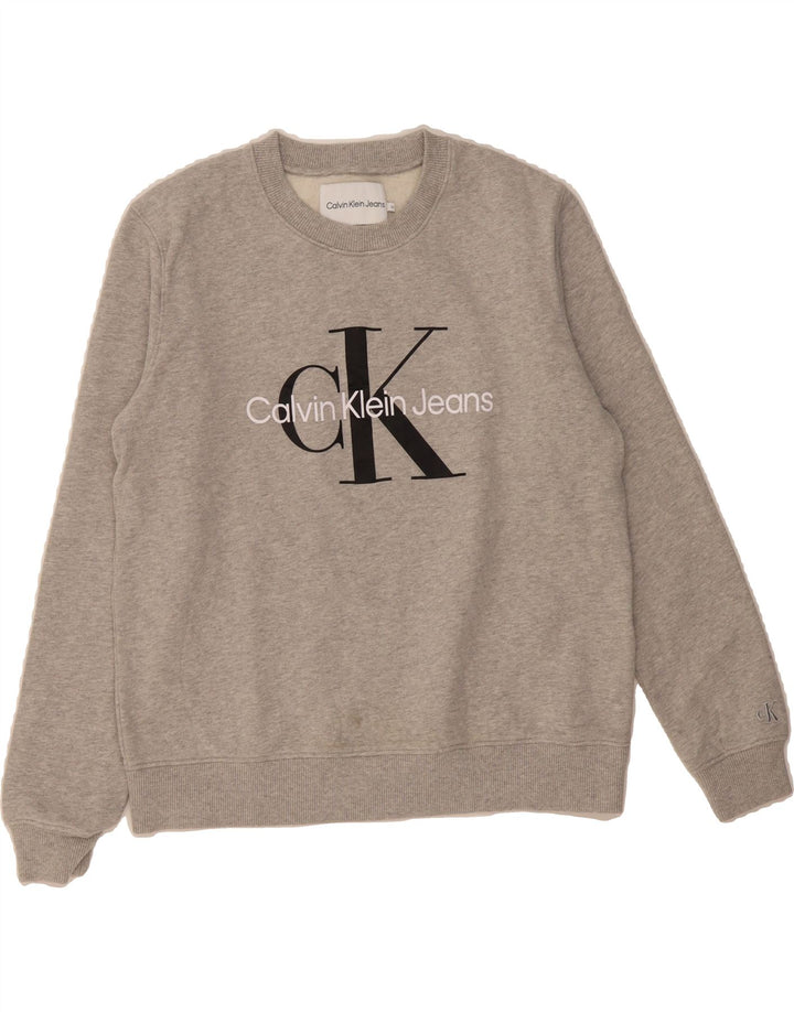 CALVIN KLEIN JEANS Mens Graphic Sweatshirt Jumper Medium Grey Cotton Vintage Calvin Klein Jeans and Second-Hand Calvin Klein Jeans from Messina Hembry 