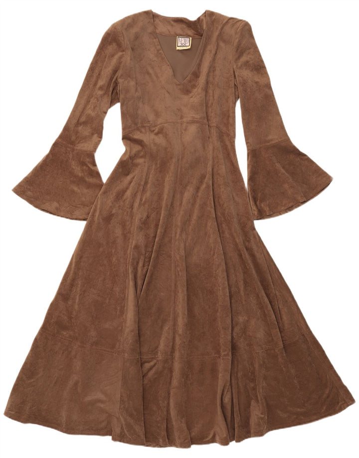 Vestido feminino vintage maxi manga longa evasê Reino Unido 12 poliéster marrom médio