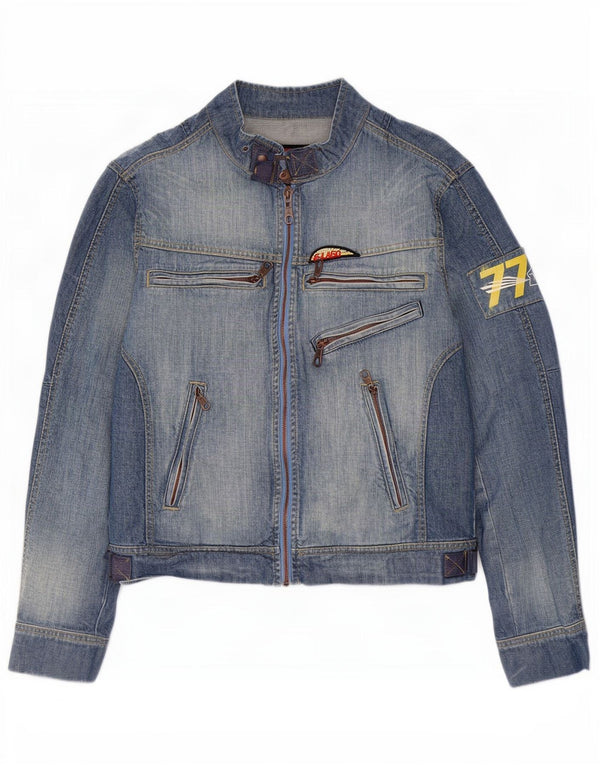 Jaqueta jeans masculina vintage gráfica Reino Unido 38 algodão azul médio