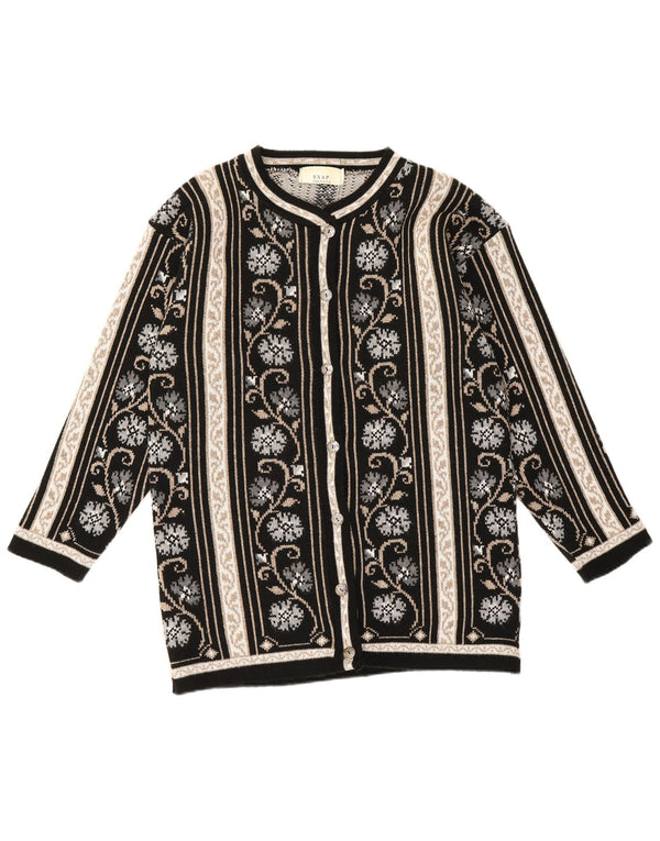 Suéter cardigã feminino vintage Reino Unido 16 grande preto floral sintético