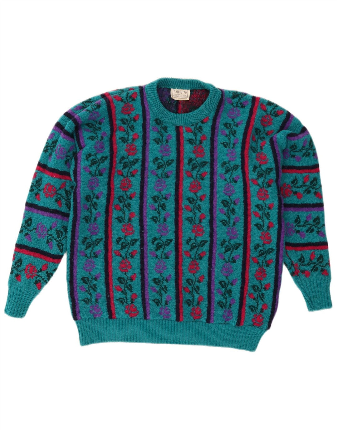 Suéter feminino VINTAGE com gola redonda Reino Unido 16 grande lã floral turquesa