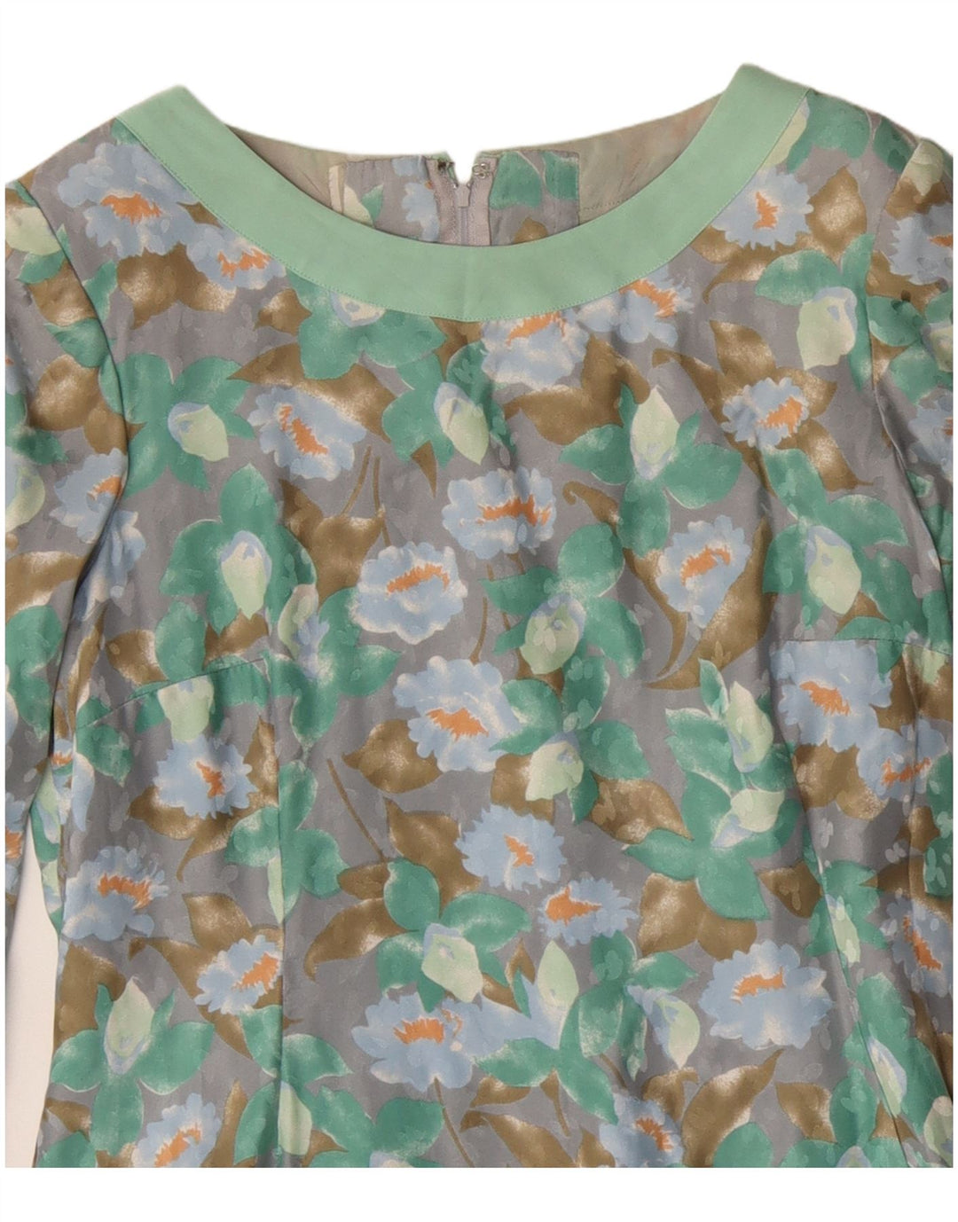 Vestido feminino vintage manga comprida bainha UK 12 floral verde médio