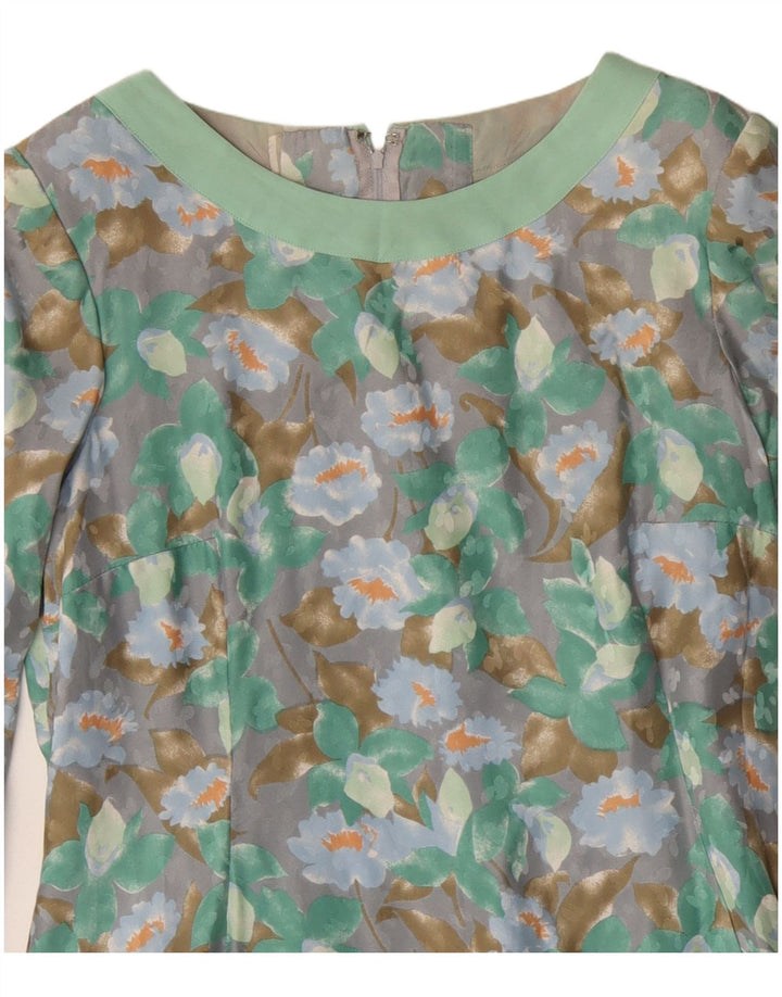 Vestido feminino vintage manga comprida bainha UK 12 floral verde médio