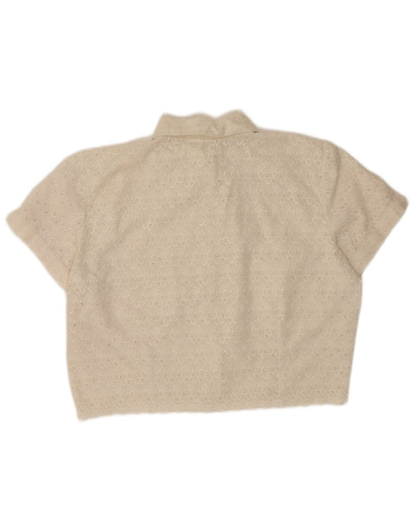 Blusa feminina vintage manga curta curta UK 14 médio branco floral