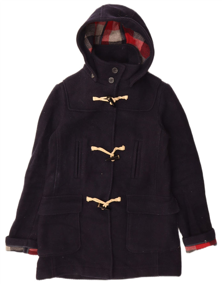 Casaco Duffle feminino com capuz Topshop Reino Unido 10 pequeno lã azul marinho