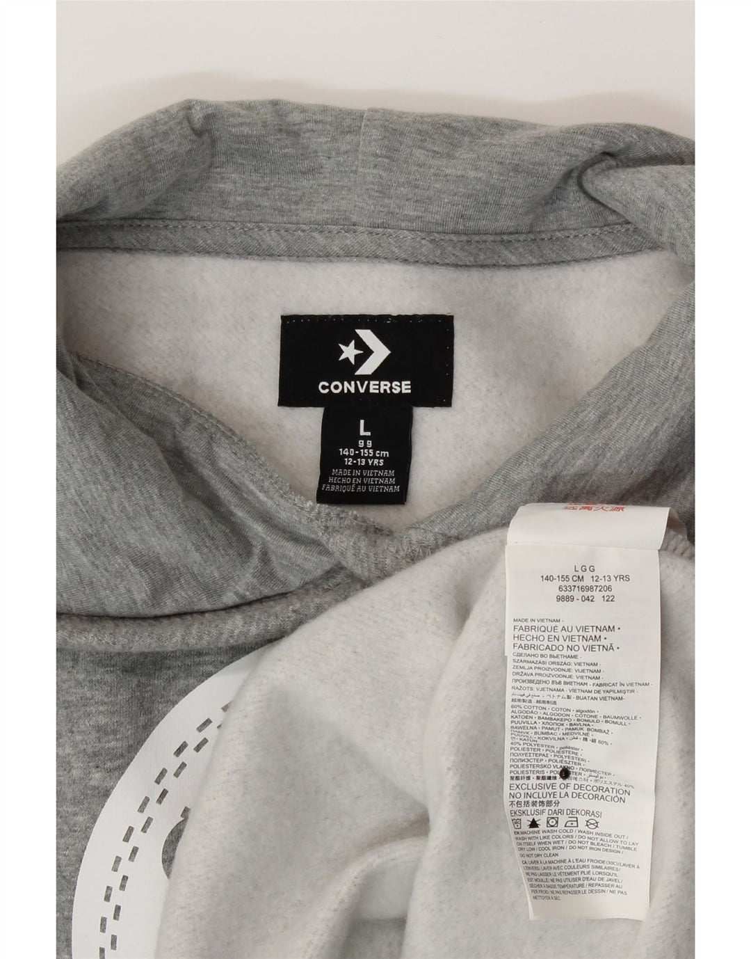 CONVERSE Girls Graphic Hoodie Jumper 12-13 Years Large Grey Cotton Vintage Converse and Second-Hand Converse from Messina Hembry 