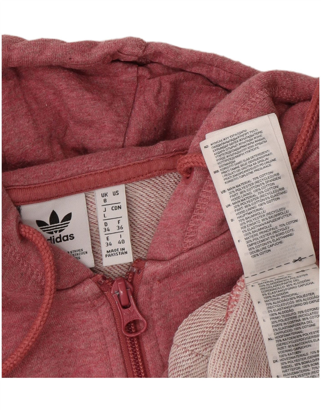 ADIDAS Suéter com capuz feminino com zíper UK 8 pequeno algodão rosa