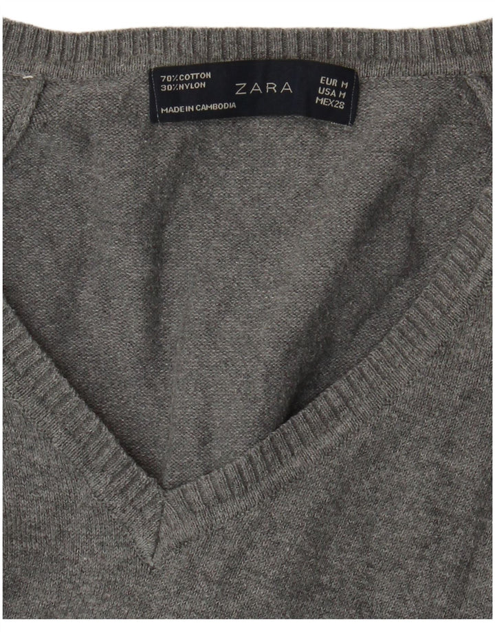 Suéter feminino Zara com decote em V Reino Unido 12 algodão cinza médio
