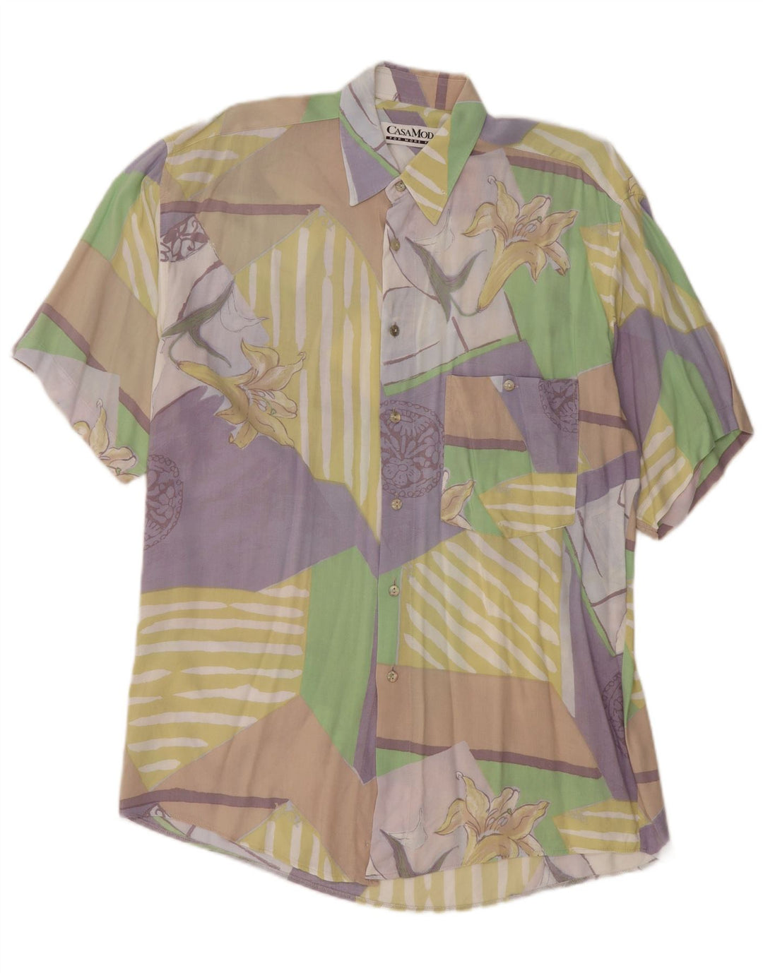 CASA MODA Camisa masculina de manga curta grande patchwork multicolorido