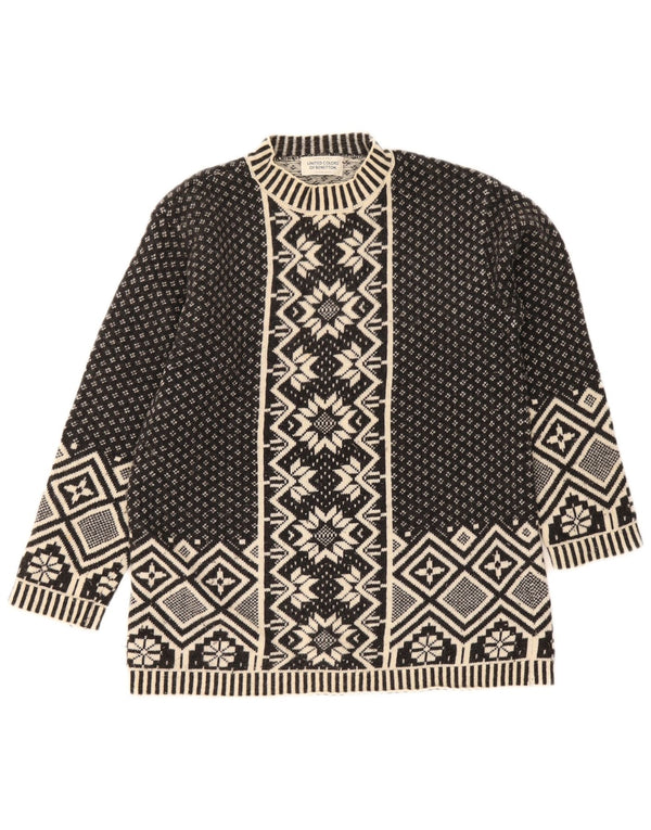 Suéter feminino Benetton com gola redonda UK 10 pequeno preto Fair Isle