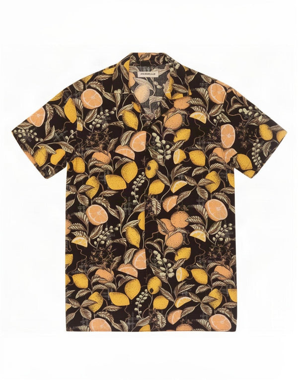 Camisa masculina vintage de manga curta em viscose floral preta média