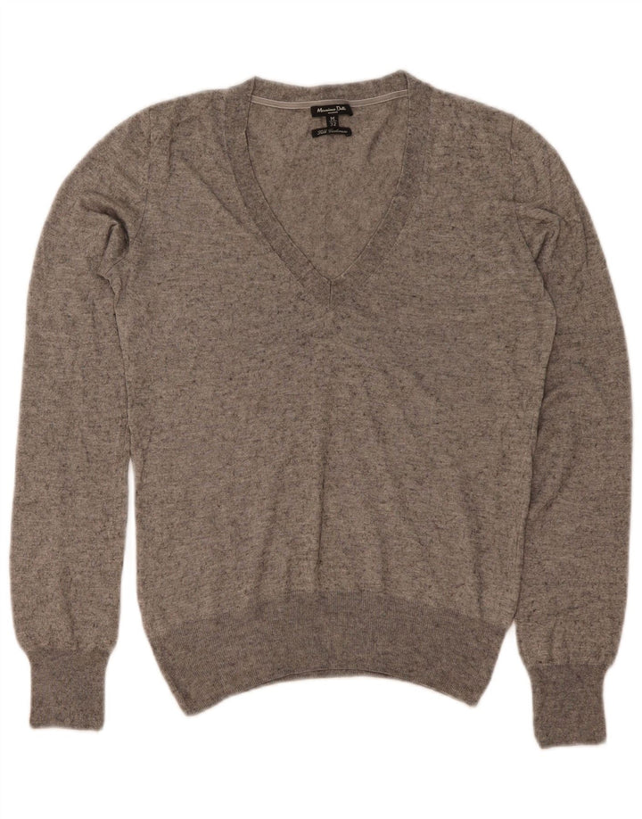 Suéter feminino Massimo Dutti com decote em V Reino Unido 12 seda cinza médio