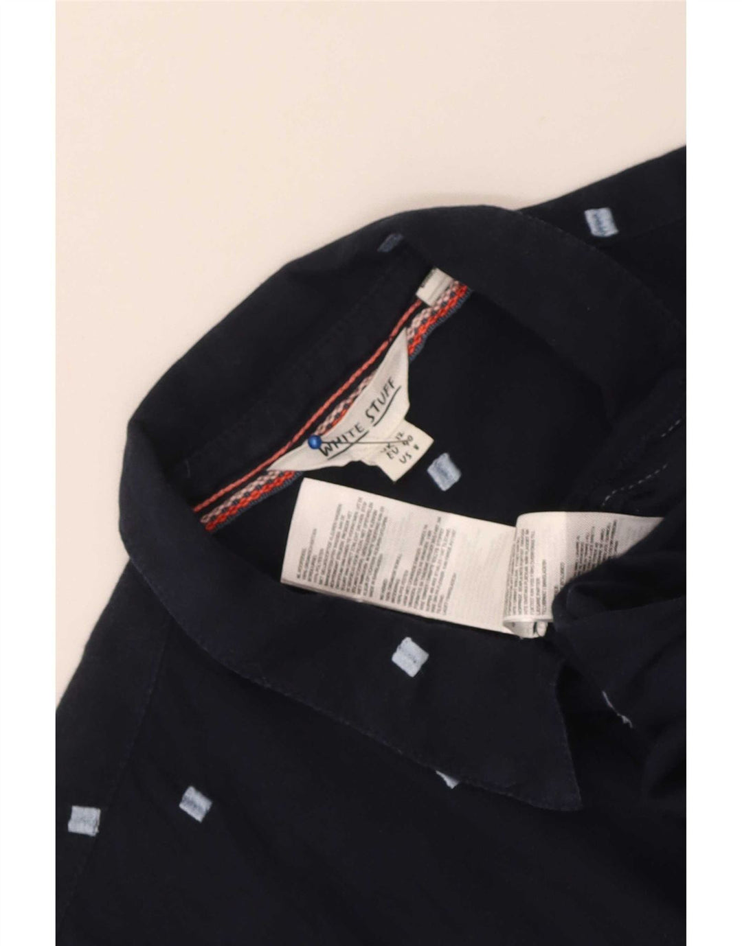 Camisa feminina manga 3/4 White Stuff Reino Unido 12 algodão geométrico azul marinho médio