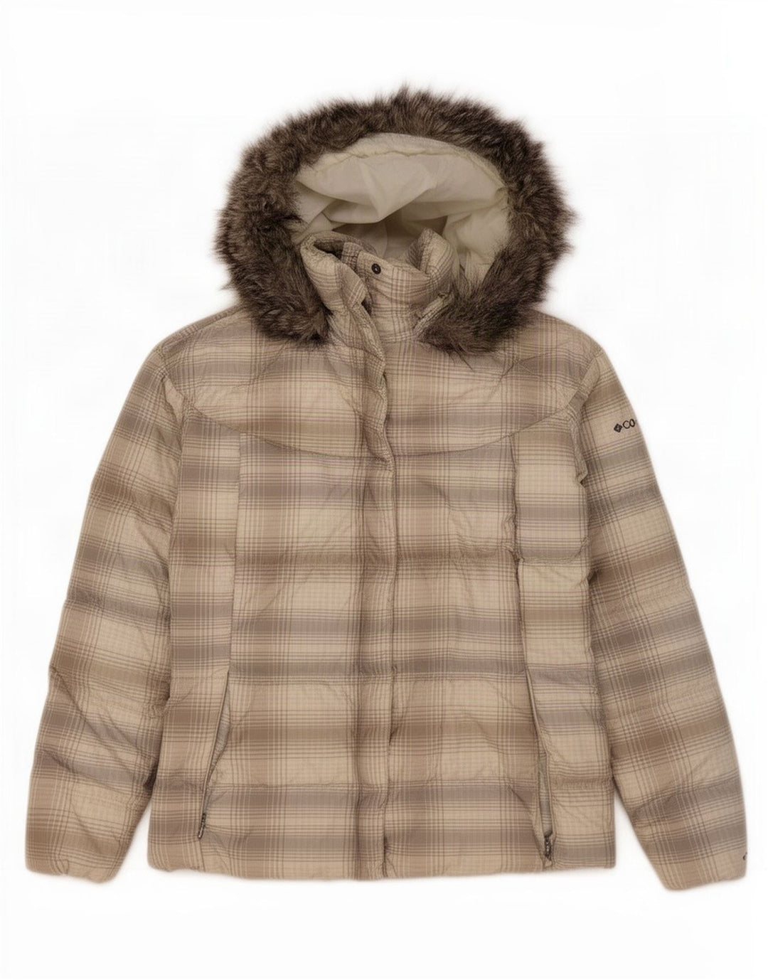 Columbia Jaqueta feminina acolchoada com capuz UK 18 XL poliéster xadrez cinza