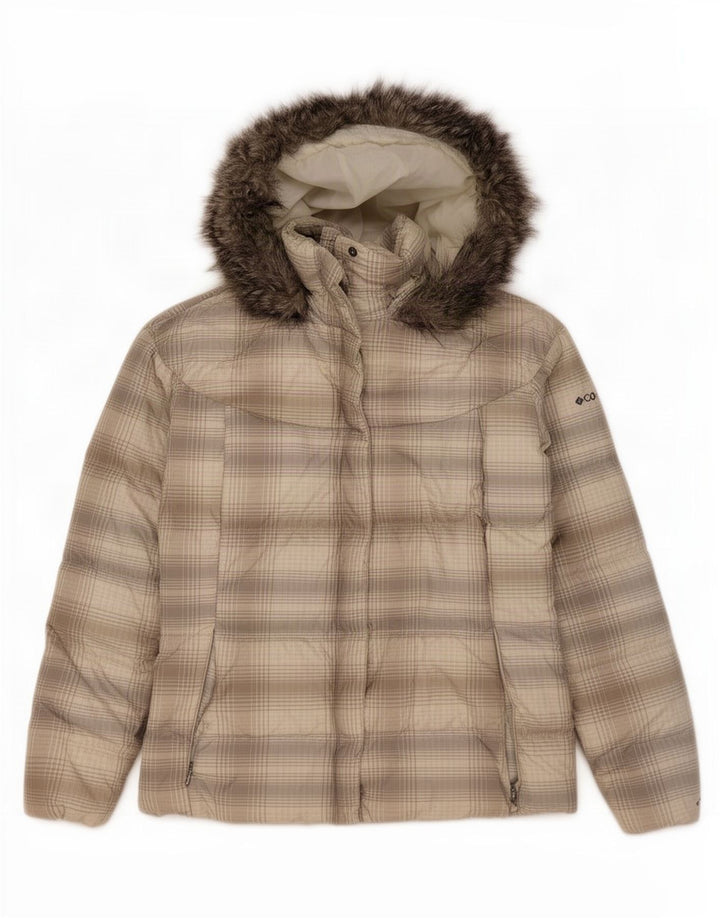 Columbia Jaqueta feminina acolchoada com capuz UK 18 XL poliéster xadrez cinza