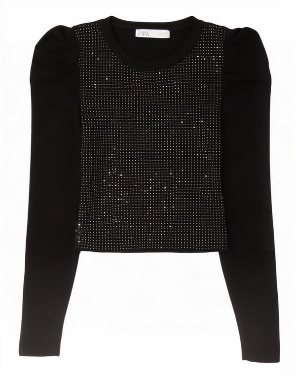 Zara blusa feminina cropped manga comprida top UK 10 pequena poliamida preta manchada