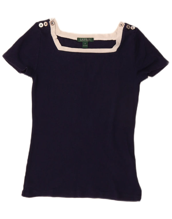 Camiseta feminina Ralph Lauren UK 10 pequena azul marinho colorblock algodão