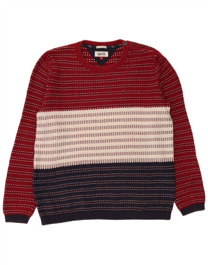 Tommy Hilfiger Suéter masculino com gola redonda, grande listrado multicolorido
