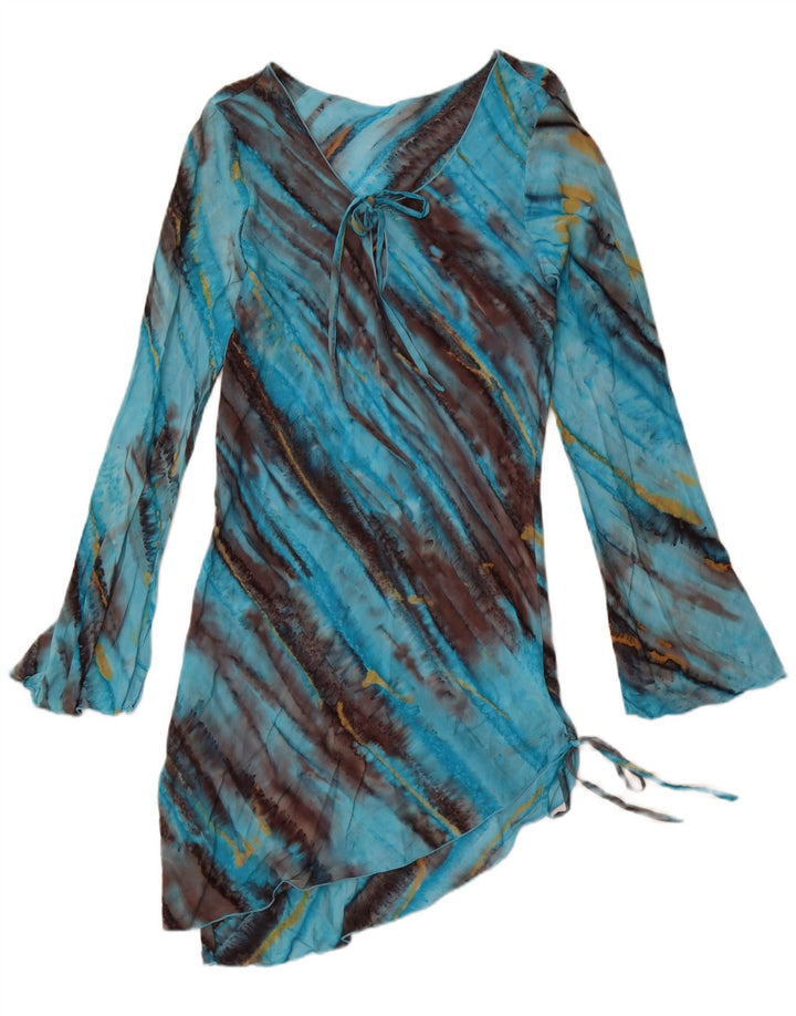 Vestido feminino assimétrico de manga comprida DAKS Reino Unido 12 médio azul tie-dye rayon