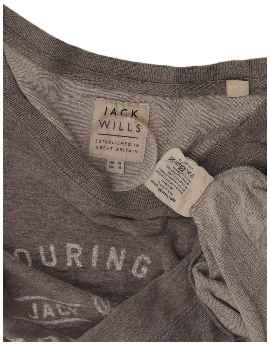 Jack Wills moletom feminino com corte gráfico jumper Reino Unido 12 algodão cinza médio