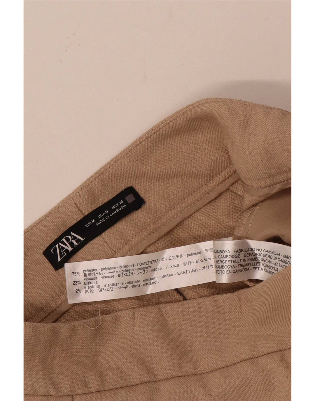 Calça feminina ZARA com pernas largas, médio W28 L24 poliéster bege
