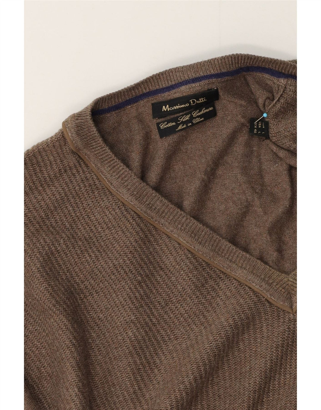Suéter masculino Massimo Dutti com decote em V, grande algodão marrom