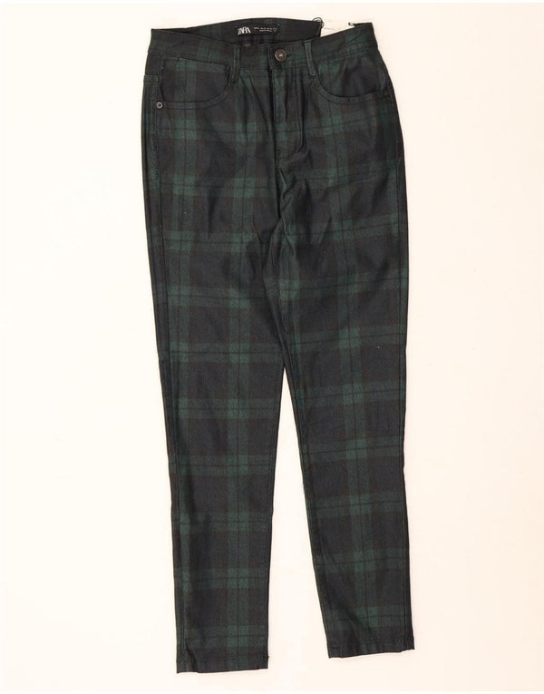 Zara Calça masculina skinny casual UE 38 pequena W30 L26 algodão xadrez verde