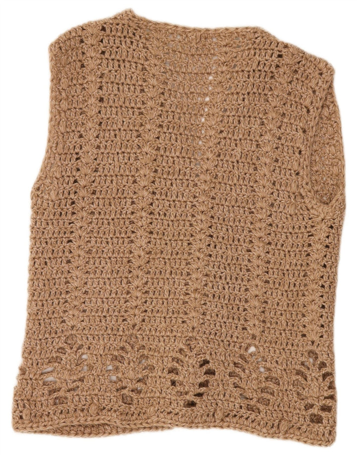 Suéter cardigã feminino de crochê sem mangas VINTAGE Reino Unido 14 grande bege