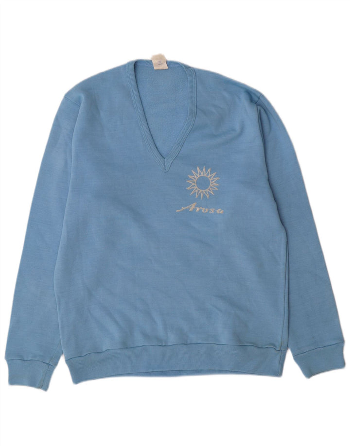 Suéter masculino VINTAGE com decote em V gráfico azul médio acrílico