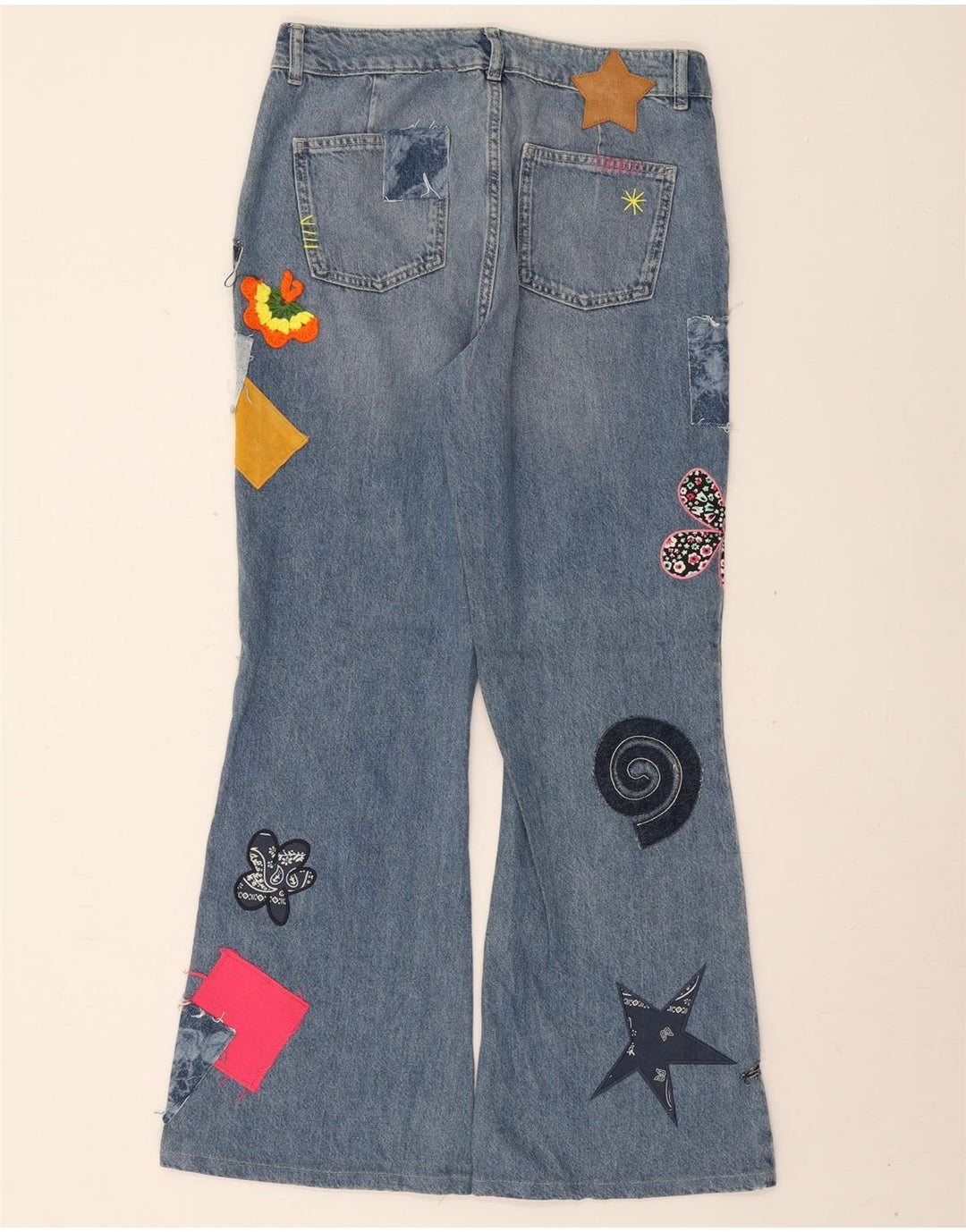 Desigual Jeans feminino largo largo W32 L30 azul patchwork algodão