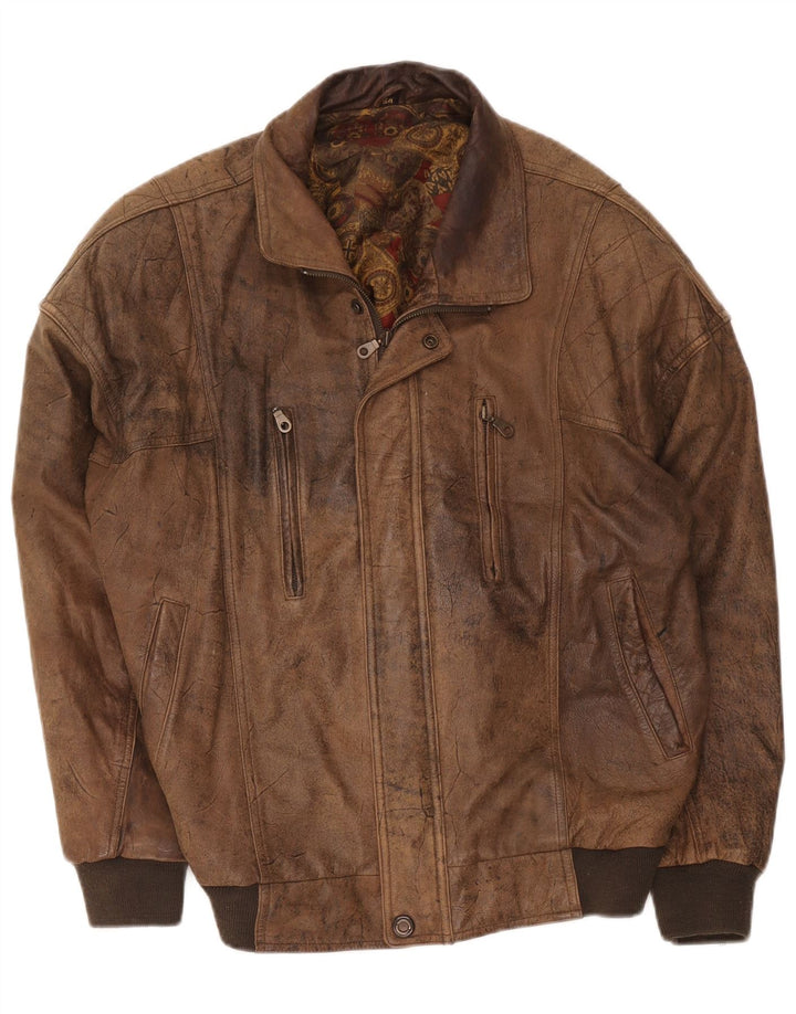 Jaqueta bomber de couro masculina vintage IT 54 2XL marrom