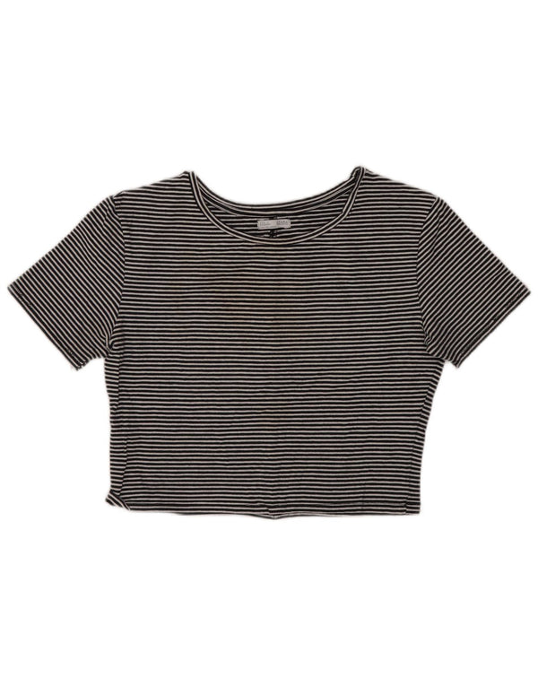 Zara Womens Crop T-Shirt Top Reino Unido 14 Grande Algodão Listrado Preto