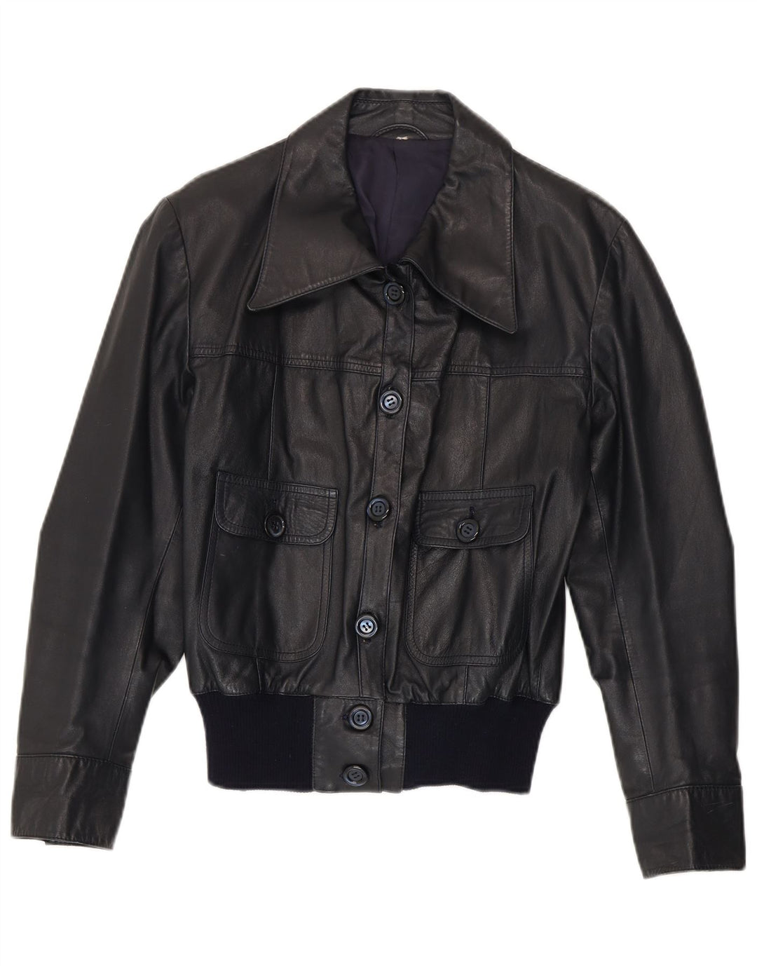 Jaqueta de couro bomber vintage feminina Reino Unido 14 couro azul marinho médio
