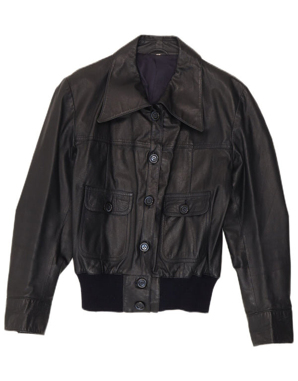 Vintage Womens Bomber Leather Jacket UK 14 Medium Navy Blue Leather