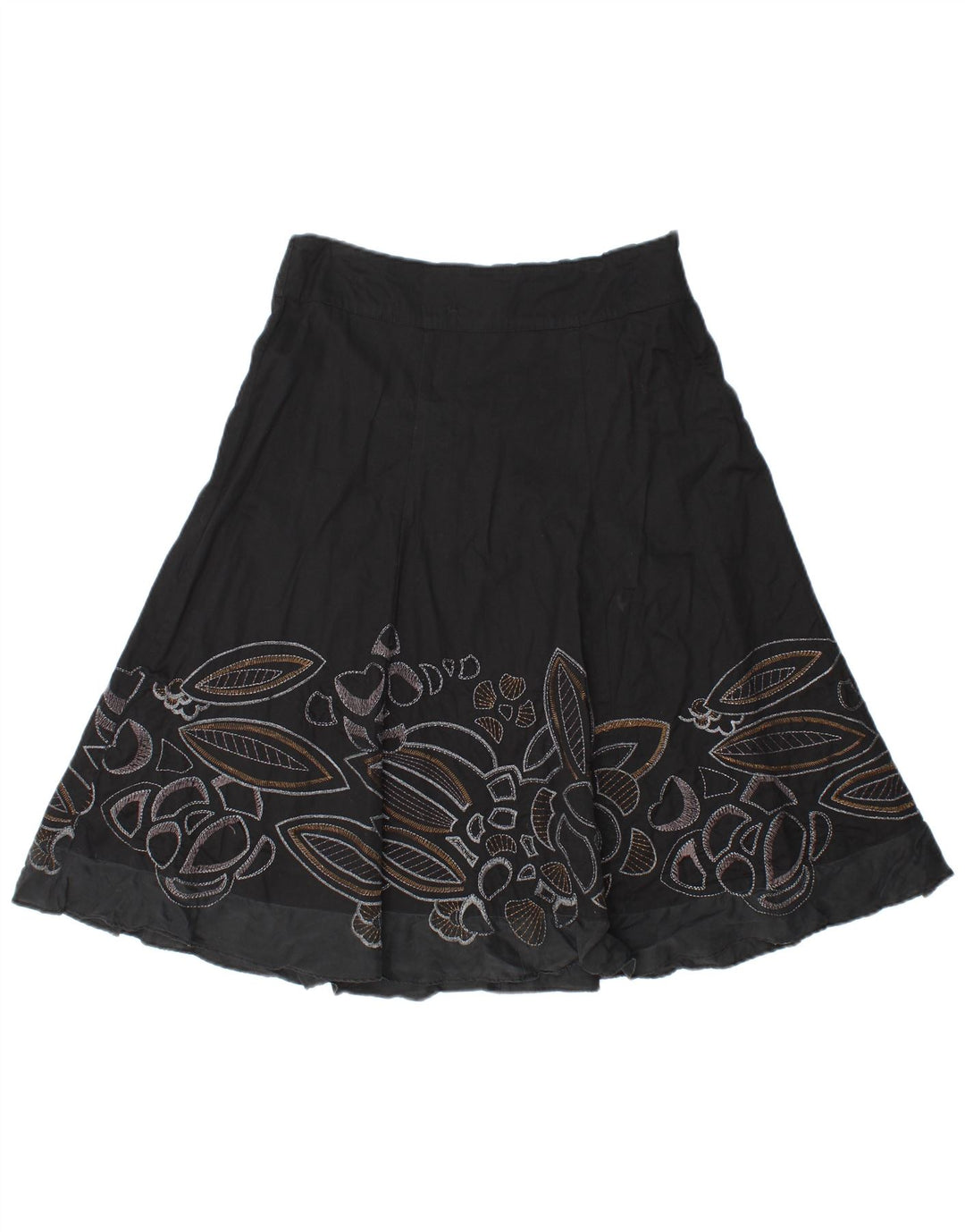 MONSOON Saia feminina com estampa abstrata evasê Reino Unido 10 pequena W30 algodão preto