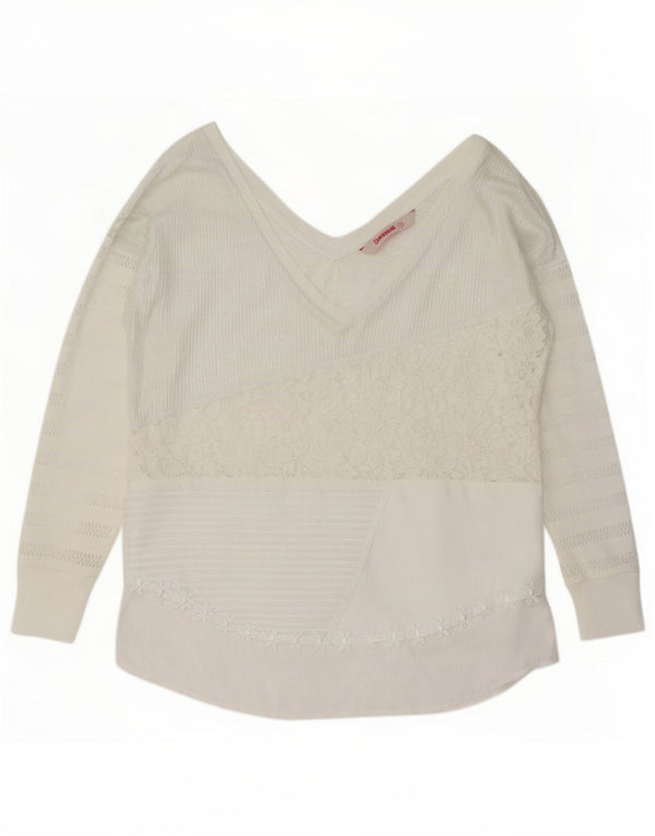 Blusa feminina de manga comprida Desigual Top UK 14 médio branco floral poliéster