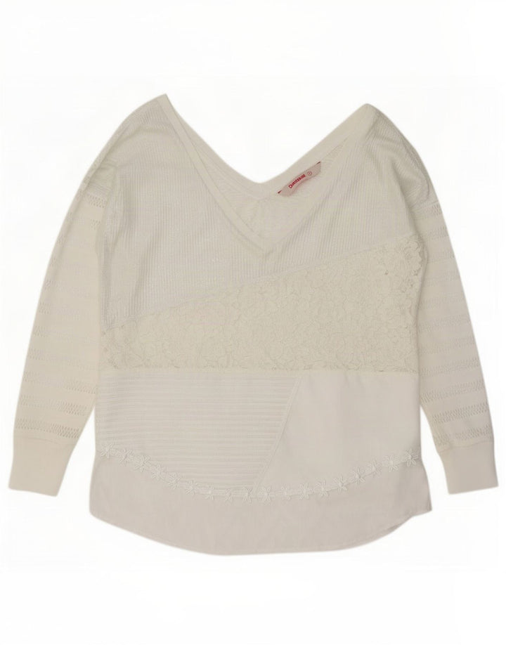 Blusa feminina de manga comprida Desigual Top UK 14 médio branco floral poliéster