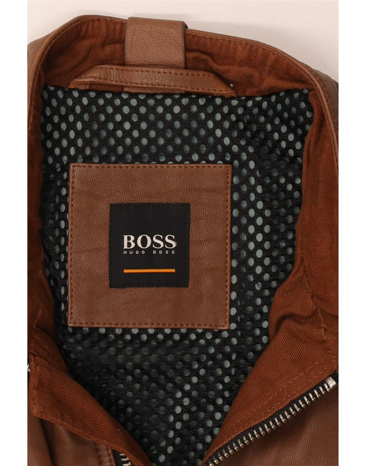 Jaqueta masculina de couro Hugo Boss para motociclista Reino Unido 36 pequena marrom
