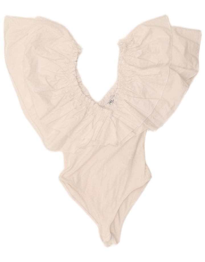 Macacão feminino Zara com ombros de fora UK 8 pequeno algodão branco