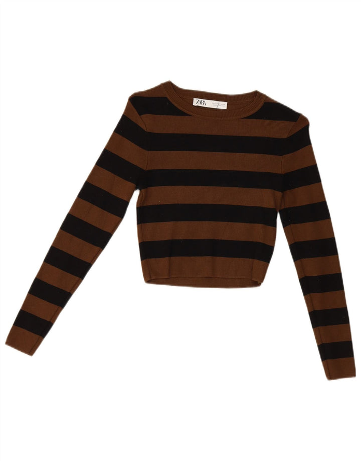 Zara Top curto feminino manga comprida Reino Unido 12 viscose listrada marrom médio