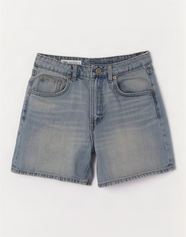 Shorts jeans feminino de cintura alta Zara EU 34 2XS W24 azul algodão