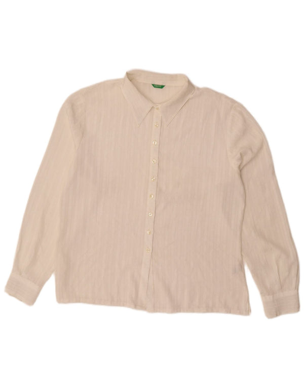 Blusa camisa feminina Benetton Reino Unido 16 grande poliéster listrado branco